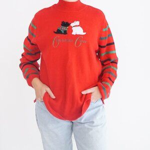 Vintage Merry Bright Red Embroidered Kissing Dogs Christmas Cheer Sweater PXL